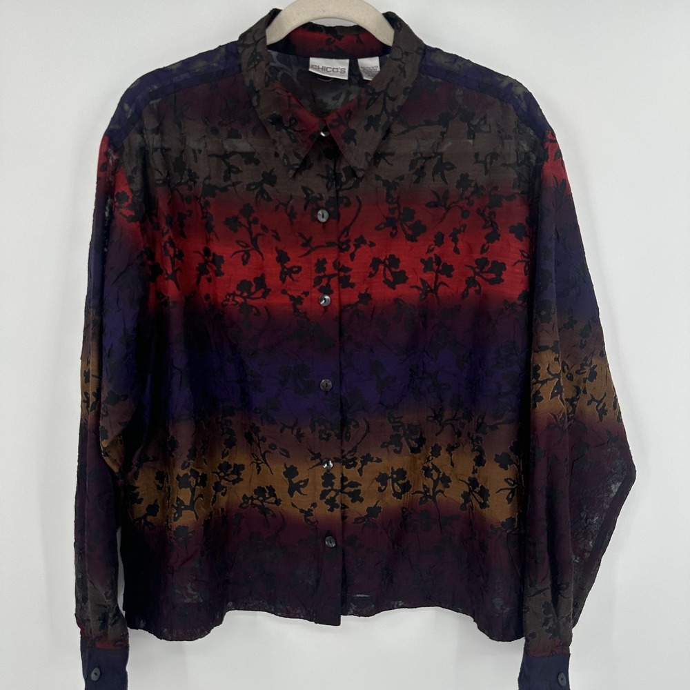 Chicos Blouse Womens Size 2 Multicolor Sheer Floral Button Up Shirt Top Boho